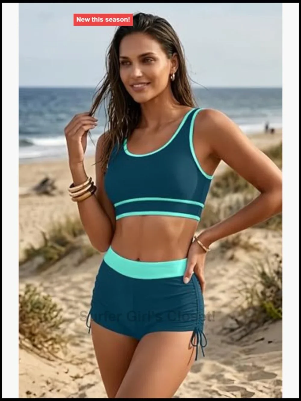 Women's Sporty Bikini Set Two Piece Color Block High Waisted Boy Shorts Bottom